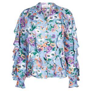 Kledingpackshot van een blouse met bloemenprint en ruches