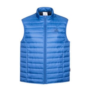 Kledingpackshot van een blauwe gewatteerde bodywarmer Kledingpackshot van een blauwe gewatteerde bodywarmer