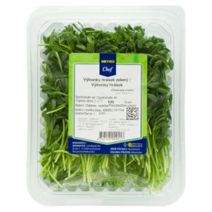 Packshot van een verpakt bakje erwtenscheuten Packshot van een verpakt bakje erwtenscheuten