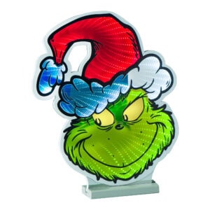 Packshot van een decoratiefiguur van de Grinch met kerstmuts Packshot van een decoratiefiguur van de Grinch met kerstmuts