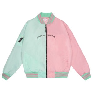 Kledingpackshot van een bomberjack in mintgroen en roze