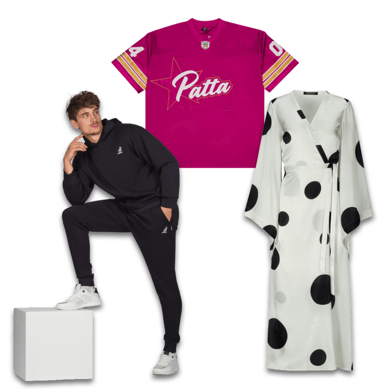 Verzameling kledingfoto's met een sportshirt, een jurk en een model in trainingspak