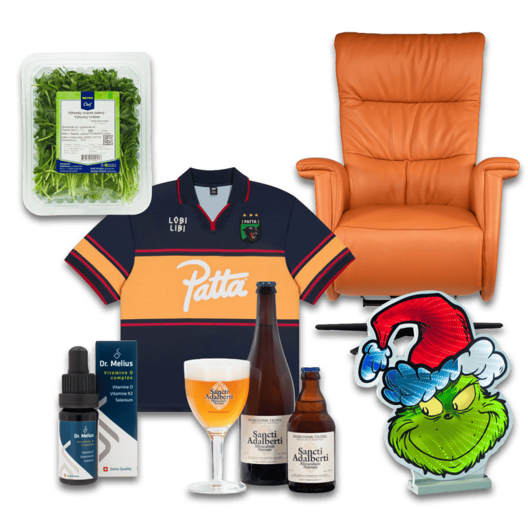 Verzameling productfoto's met erwtenscheuten, een sportshirt, een relaxfauteuil, bier en een decoratiefiguur