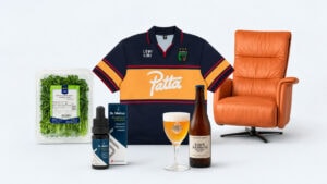 Verzameling productfoto's met een sportshirt, een relaxfauteuil, bier en een verzorgingsproduct