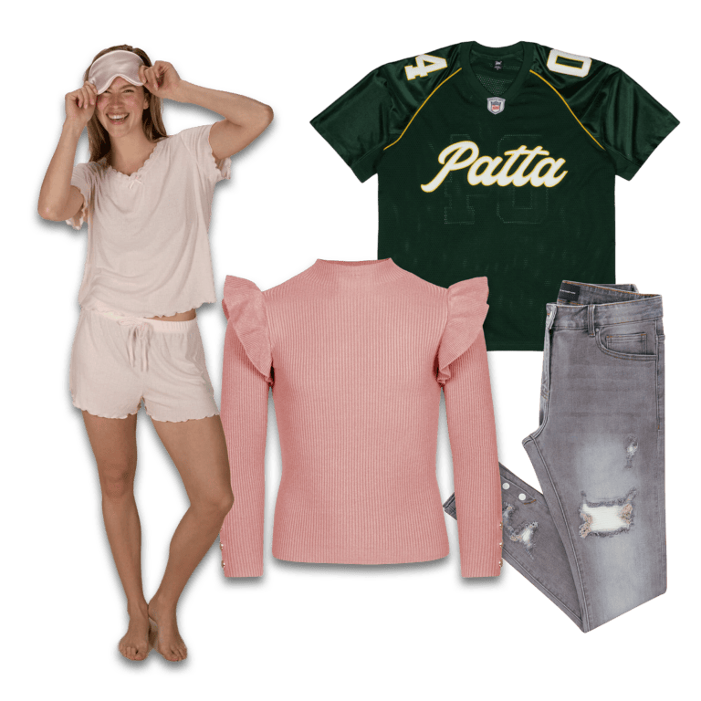 Verzameling kledingfoto's met een pyjamaset, een sportshirt, een trui en een spijkerbroek