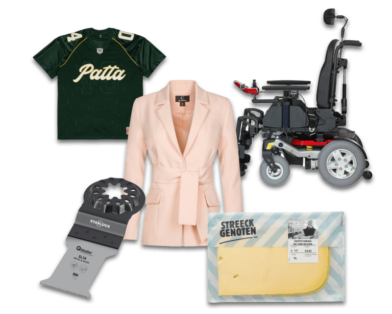 Verzameling productfoto's met een sportshirt, een blazer, een rolstoel, een apparaat en kaas