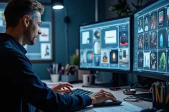 Beeldbewerker aan het werk achter meerdere schermen met productfoto's